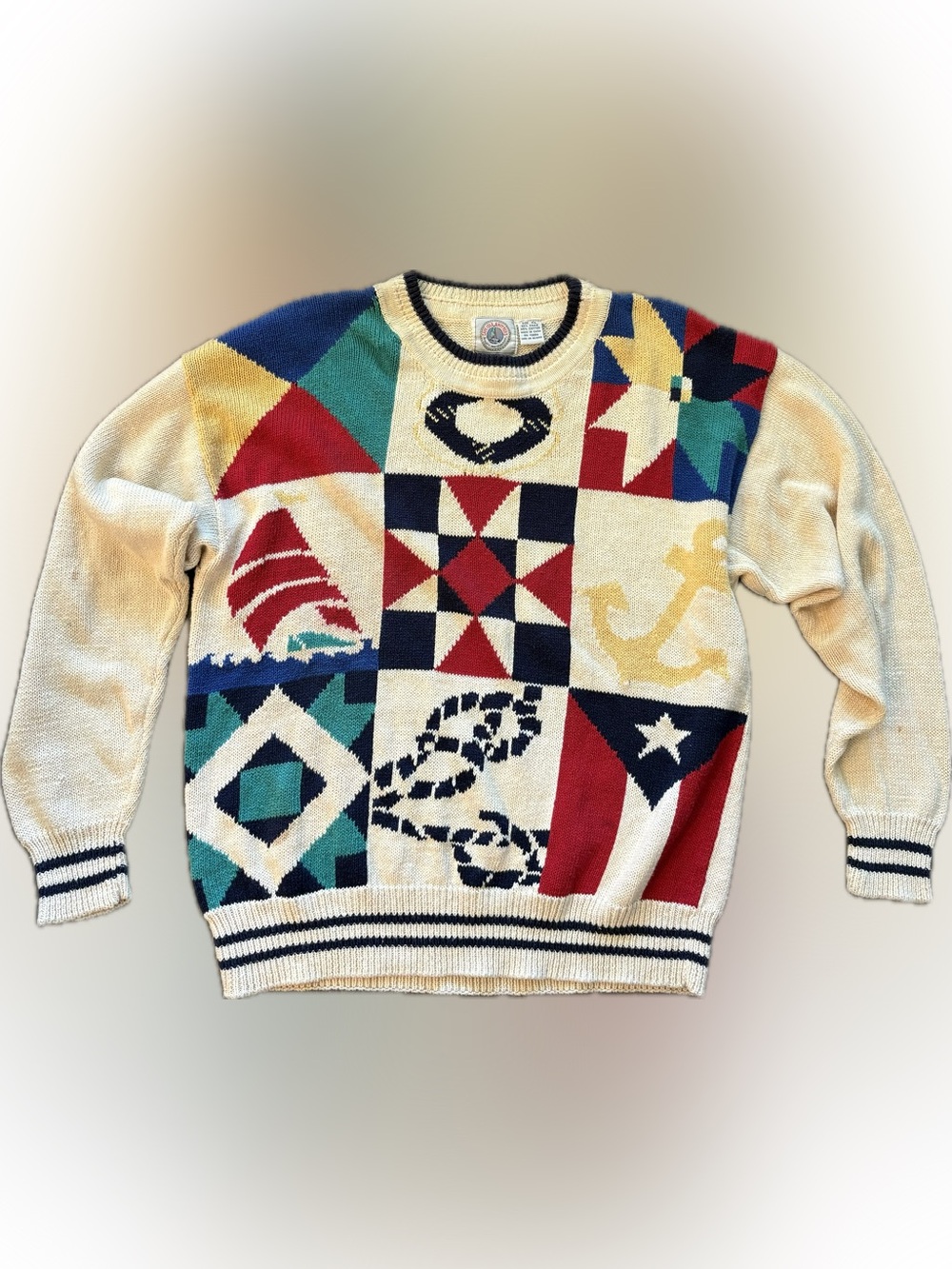 Cream Nautical Patchwork Crewneck Sweater for Men